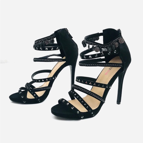 Black Strappy Heels with Silver Tone Chain Detail! - Picture 2 of 7